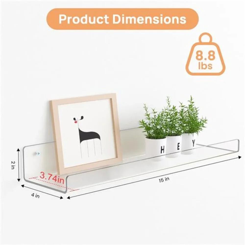 6 Pack Acrylic Shelves for Wall Storage Floating Bookshelves, 15